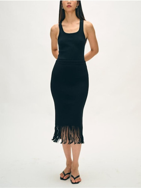 Viscose Blend Fringe Ribbed Skirt - Black
